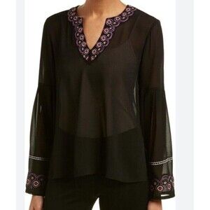 Catherine Malandrino Womens top XXL Sheer Embroider Bell Sleeve Whimsigoth Fairy
